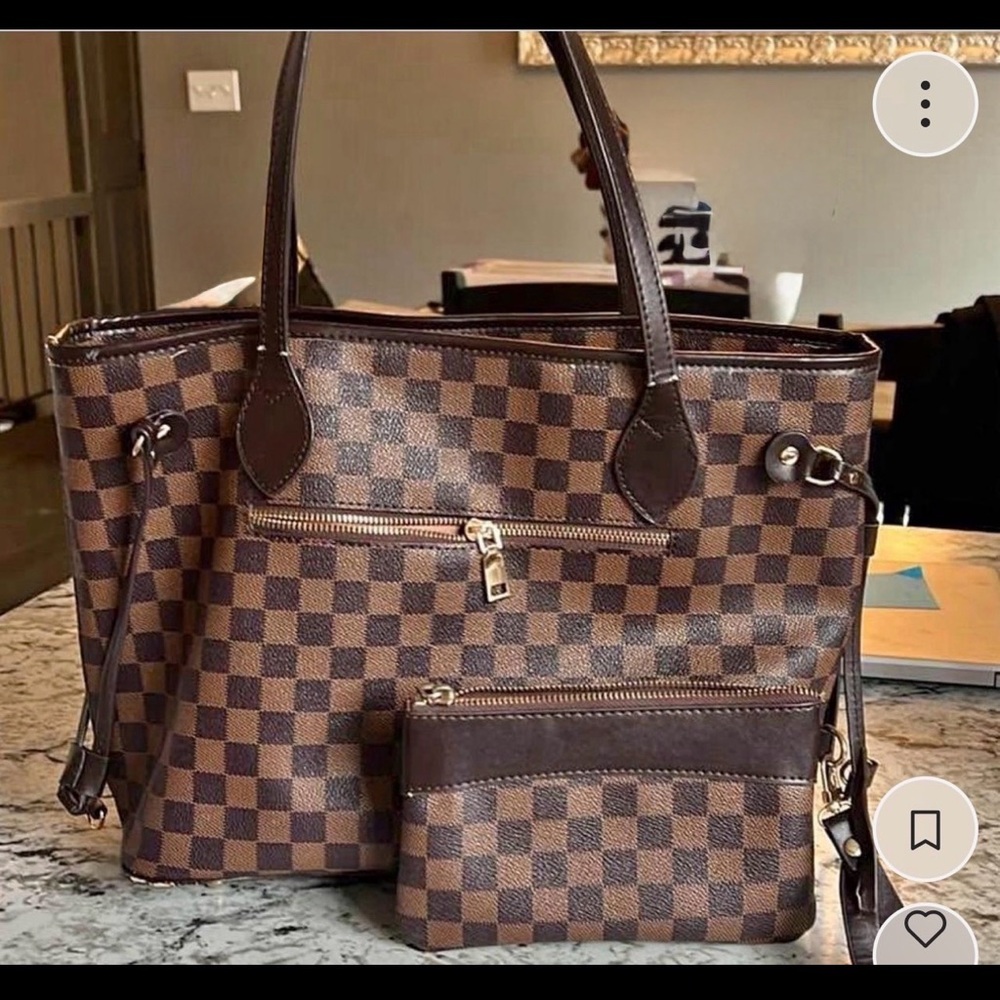 Checkered Brown Tote and Pouch Set-small “light scratch” on front per pic.